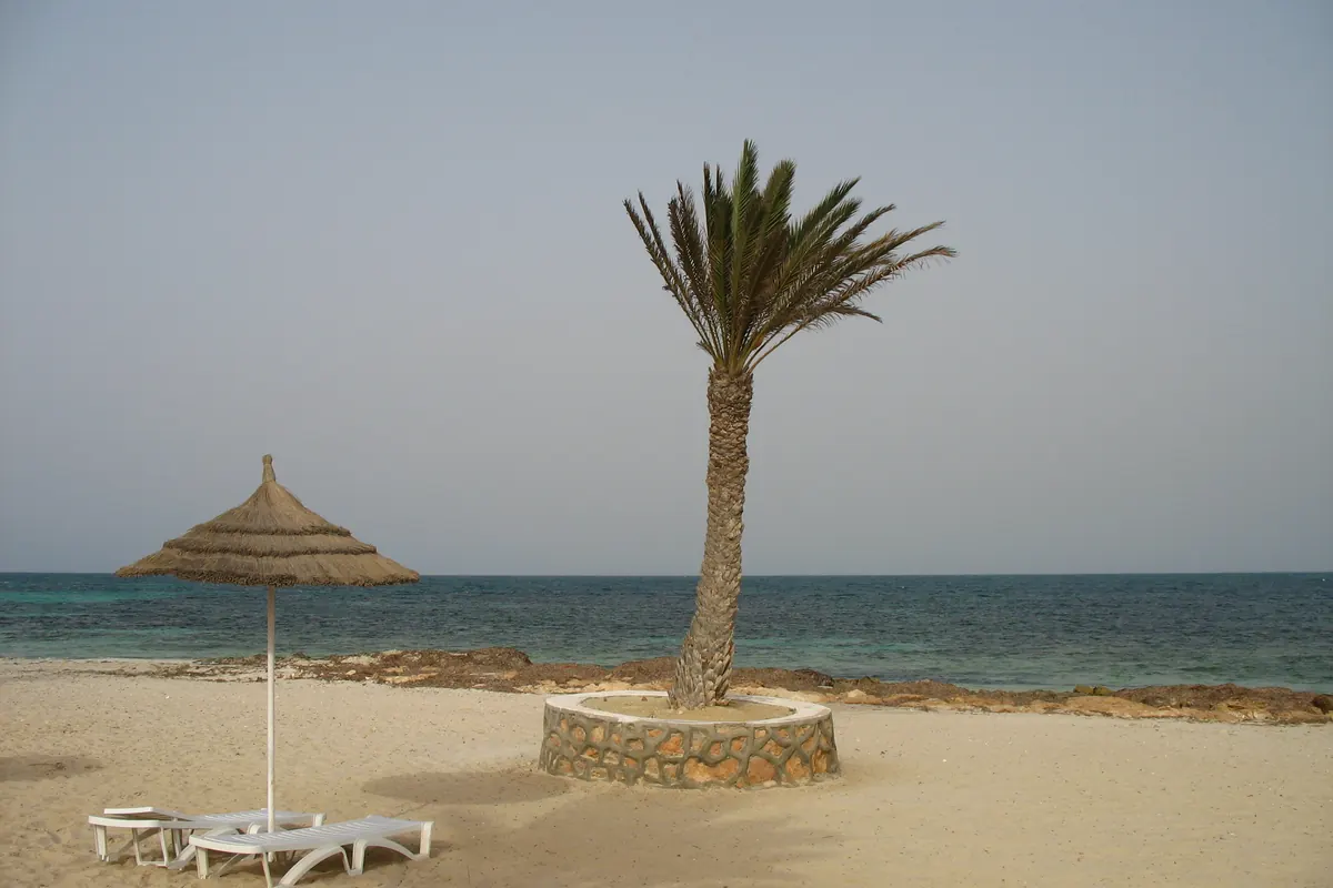 plage calme et déserte à Djerba, palmier et transats hors saison