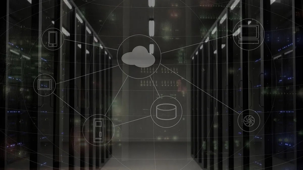schéma d'une infrastructure cloud reliant plusieurs appareils dans une salle de serveurs